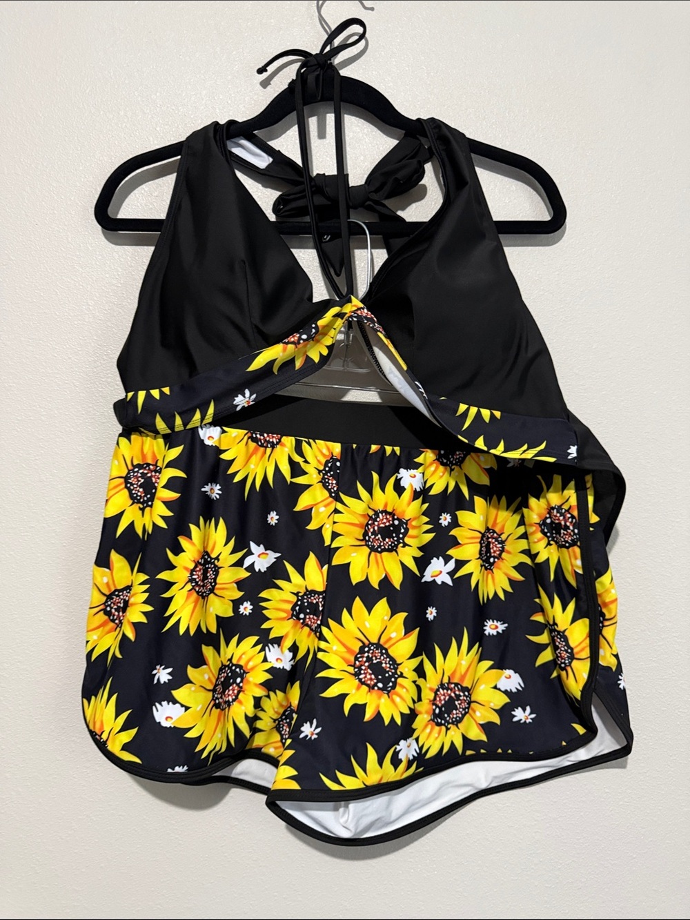Sunflower Print Black Halter Bikini Top